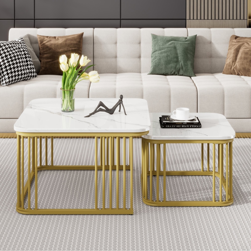 COSTWAY Couchtsch Marmor Optk, Mt Schwarzem Metallrahmen, 105x55x46,5cm