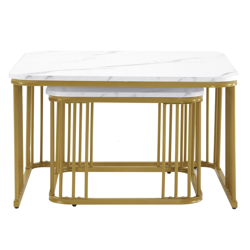 Vielseitiger Couchtisch Set 70x70 cm mit Hochglanz-Marmoroptik goldenen Beinen ineinander schiebbare und verstellbare Füße Weiß