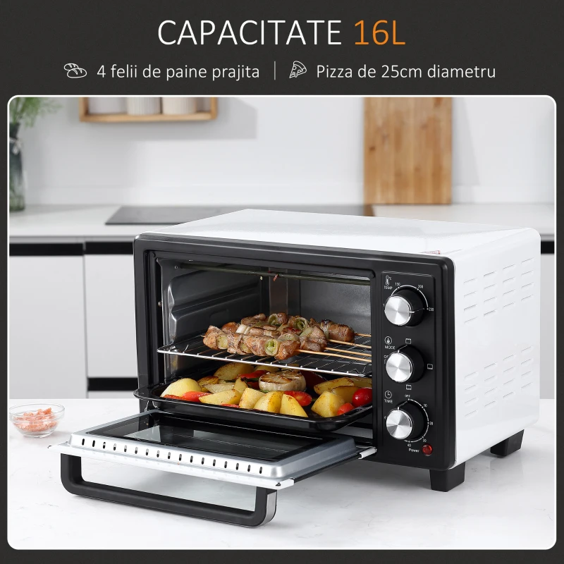 HOMCOM Cuptor Electric Ventilat cu Temperatură Reglabilă, 3 Moduri de Coacere, Tavă și Grătar, 44x32x28 cm, Alb