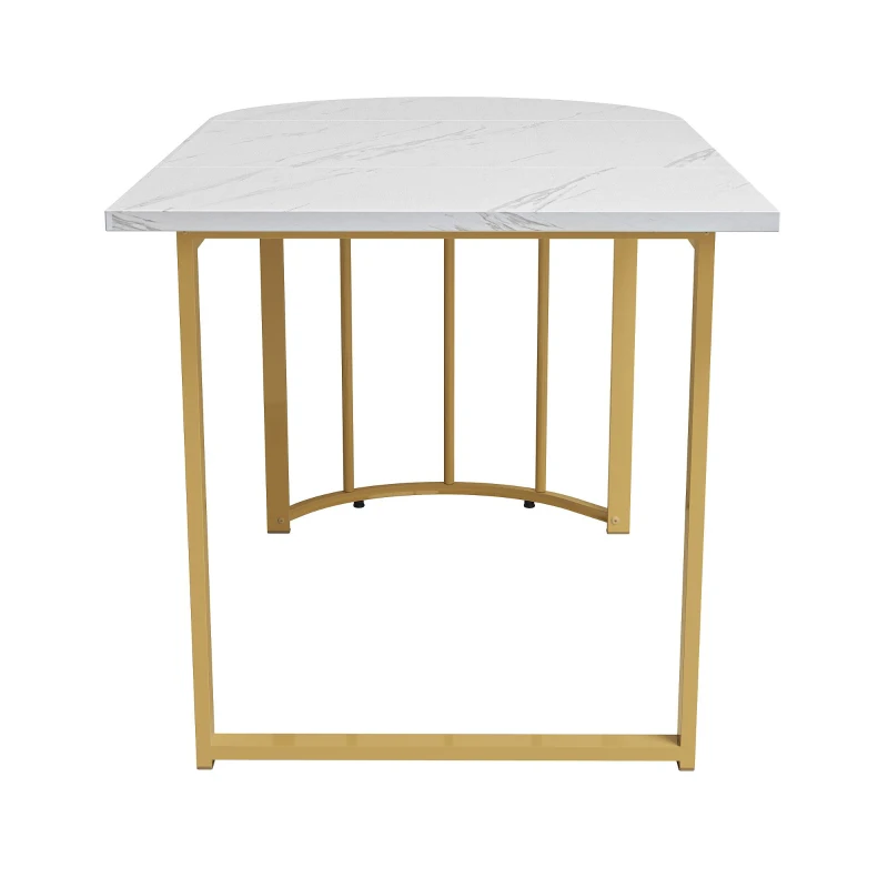 Masă cu picioare din metal, marmură modernă, structură metalică stabilă, pentru 4-6 persoane, 138,9×80×75 cm, Alb+Auriu