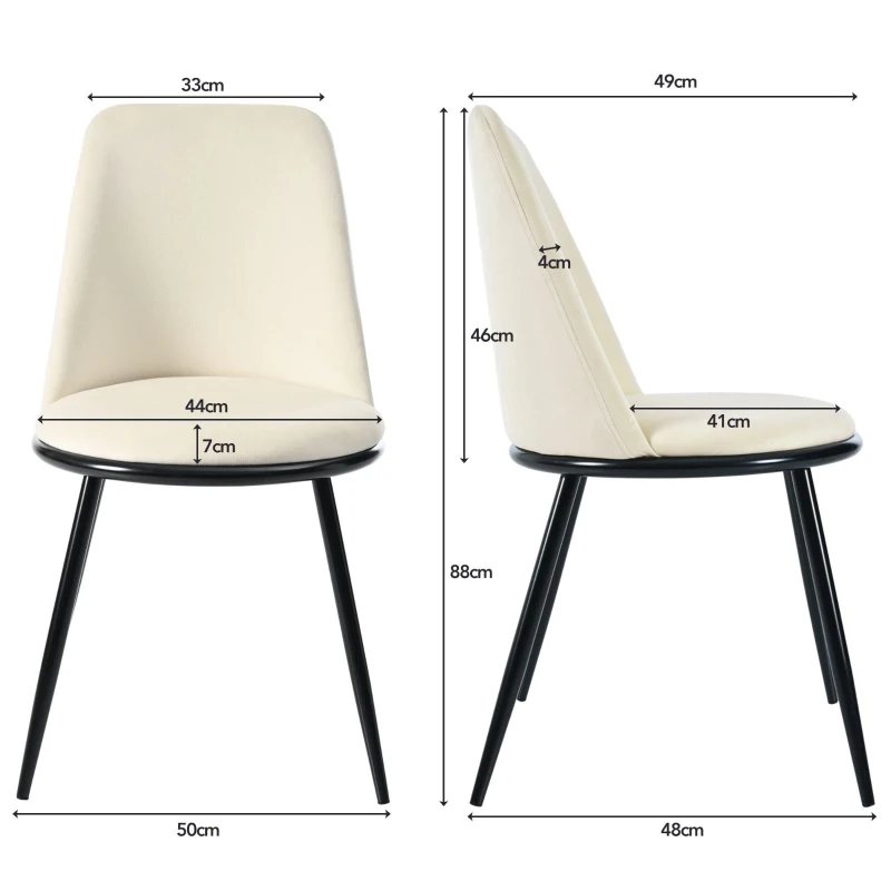 Set de 2 scaune de prânz, design ergonomic, tapițerie din catifea, structură metalică, 44×41×88 cm, Bej