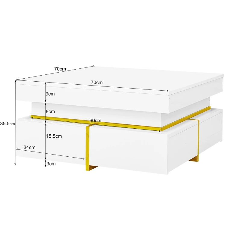 Table basse en laque brillante avec tiroirs et accents dorés, Blanc