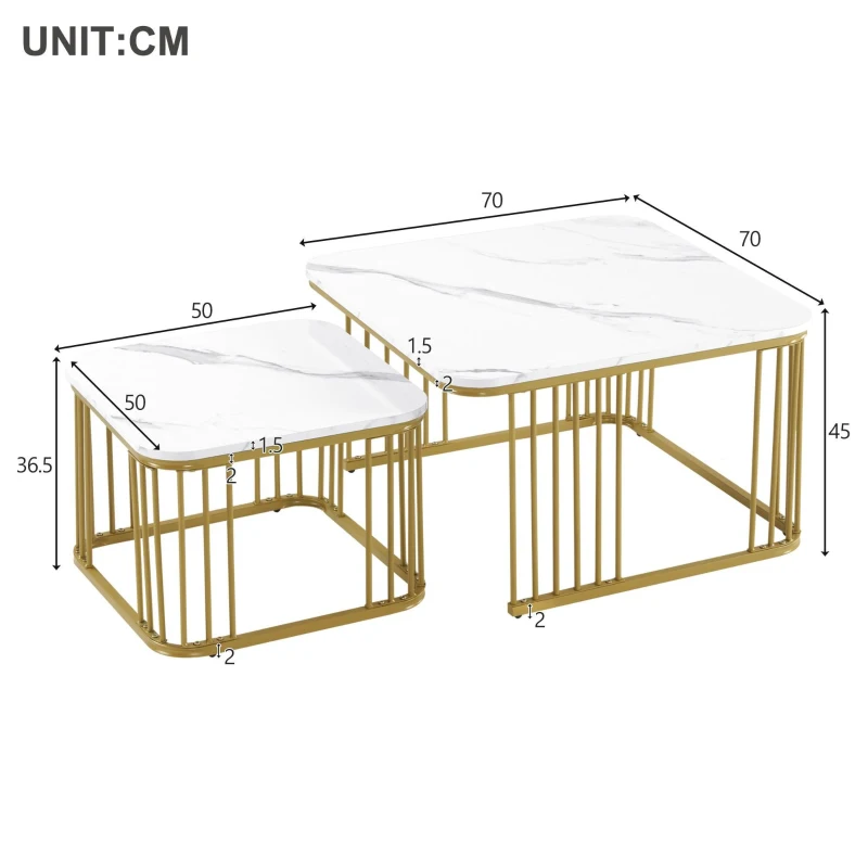 Set de 2 măsuțe pătrate din marmură lucioasă, măsuțe suprapozabile cu picioare aurii, 70×70×45 cm și 50×50×36,5 cm, Alb