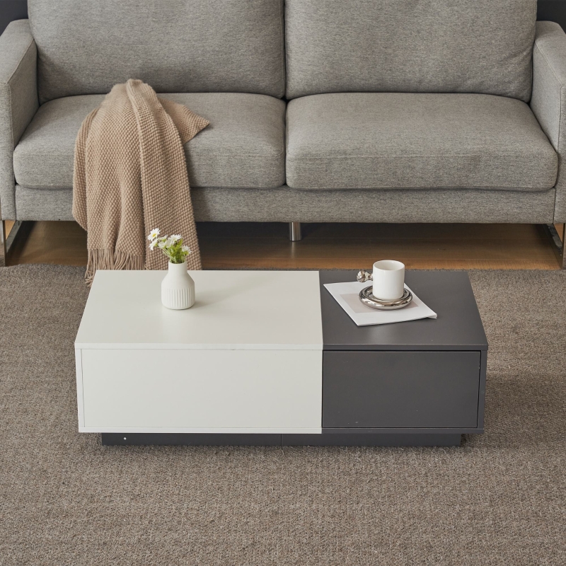 IRONCK Tavolino Da Caffè Quadrato Con Piano Rialzabile | Con Stazione Di Ricarica USB E 2 Cassetti | Bianco, Stile Fattoria - 4