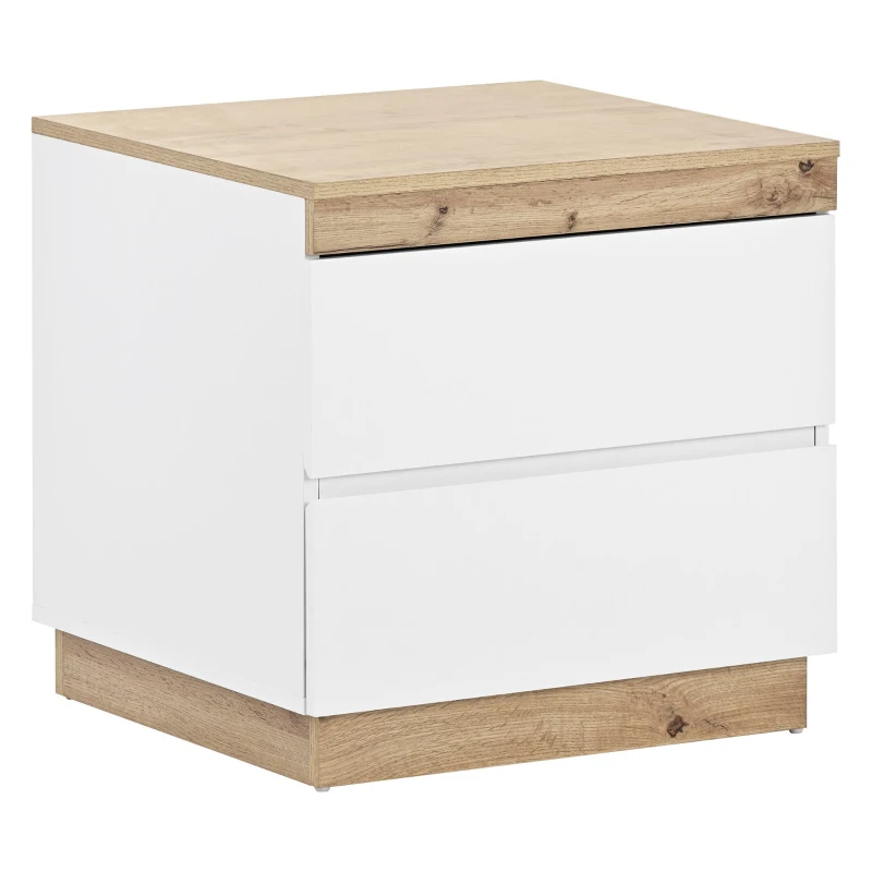Comodino con due cassetti, funzione contenitore, per camera da letto, Bianco + Naturale