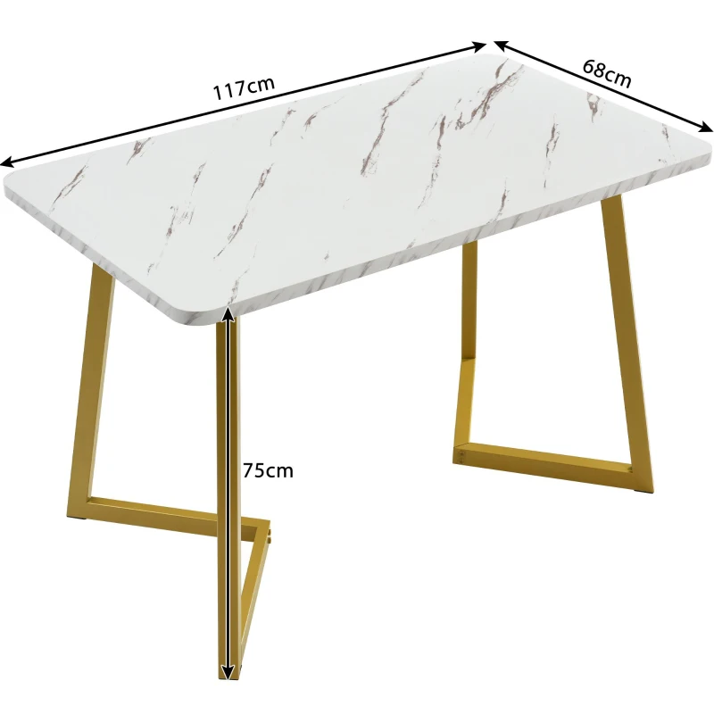 Tavolo da pranzo 117x68 cm, con effetto marmo e gambe in metallo, Versatile per sala da pranzo e soggiorno, Bianco+Oro