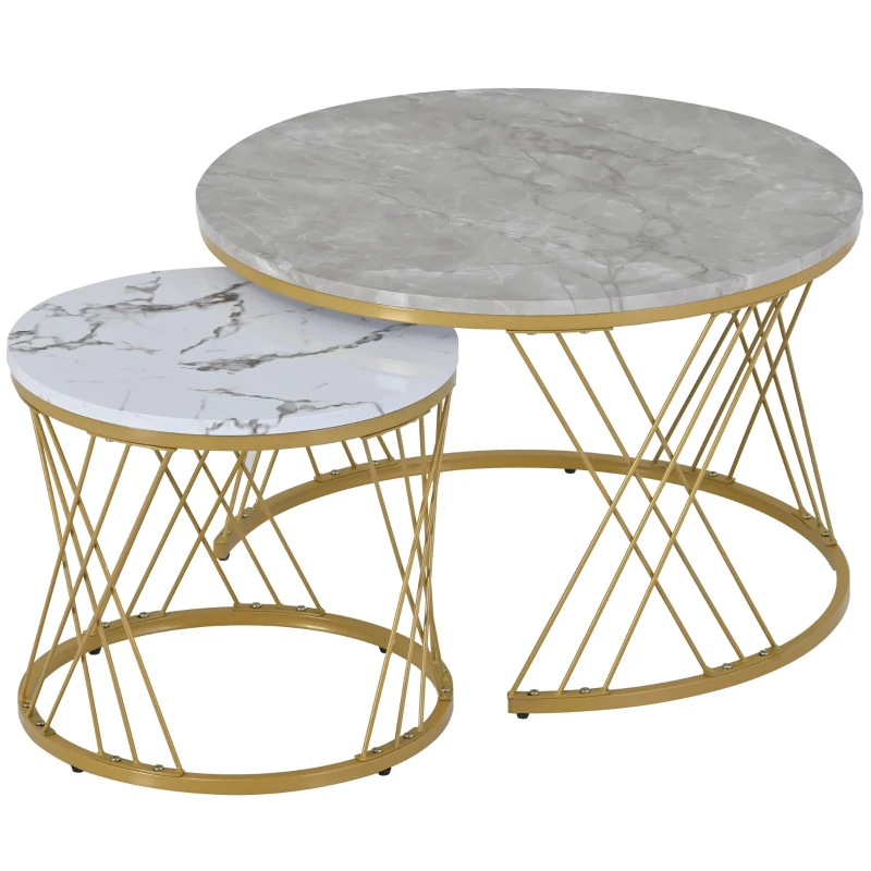 Ensemble de tables basses modernes gigognes,  lot de 2,  MDF avec motif marbre,  tables d'appoint rondes,  cadre en métal stable,  70×70×45 cm, Gris
