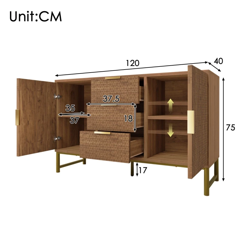 Shelves Adjustable Anti-tip Sideboard Cabinet with 3 Drawers and 2 Doors, Storage Cabinet with Embossed Design, 120L x 40W x 75H cm, Walnut