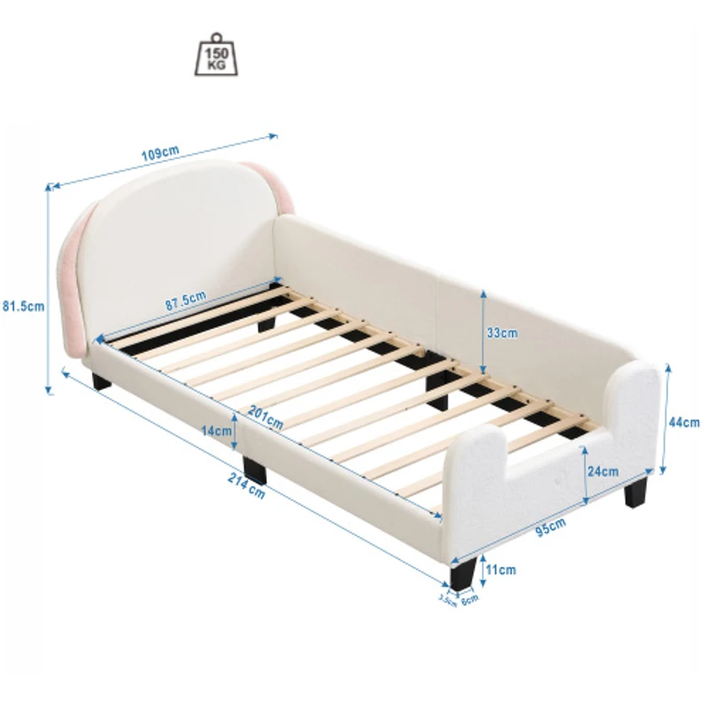 Lit pour enfant 90×200 cm avec sommier à lattes, en forme de lapin, tête de lit en sherpa, montage facile, matelas non inclus,Blanc+Rose