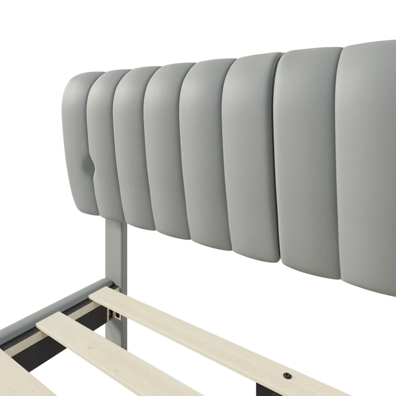 Stilvolles Polsterbett, 140×200, Kunstleder, Abnehmbare Rückenlehne mit Reißverschluss, Lattenrost und Kopfteil, ohne Matratze, Grau