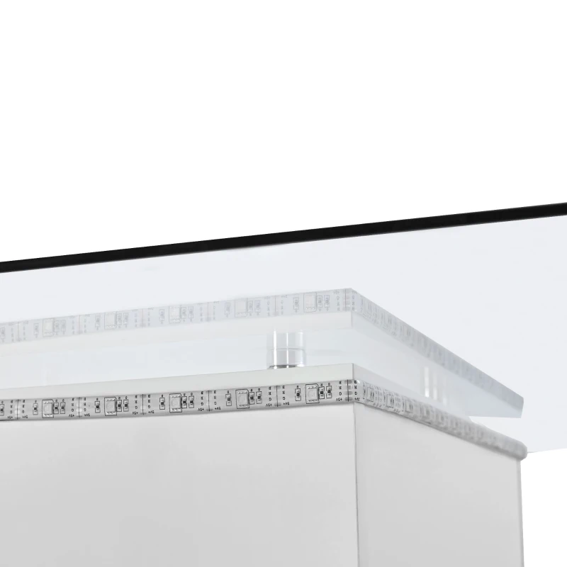 Moderner Couchtisch aus Hochglanzglas mit verstellbarem LED-Lichtstreifen und Lenkrollen, 80×80×40 cm, Weiß+Schwarz