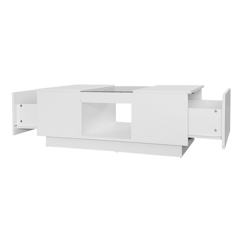 Table basse blanche avec revêtement en verre,  éclairage LED,  contrôle par application,  2 tiroirs et compartiment ouver, Blanc