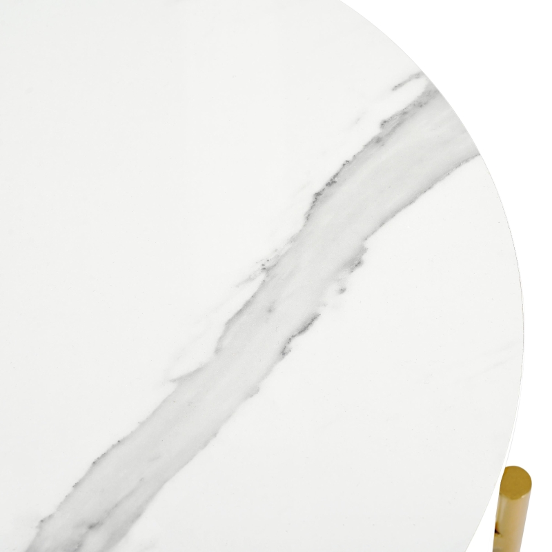 Tavolino con cassetti, texture di marmo, gambe e maniglie dorate, 50×50×51 cm, Bianco