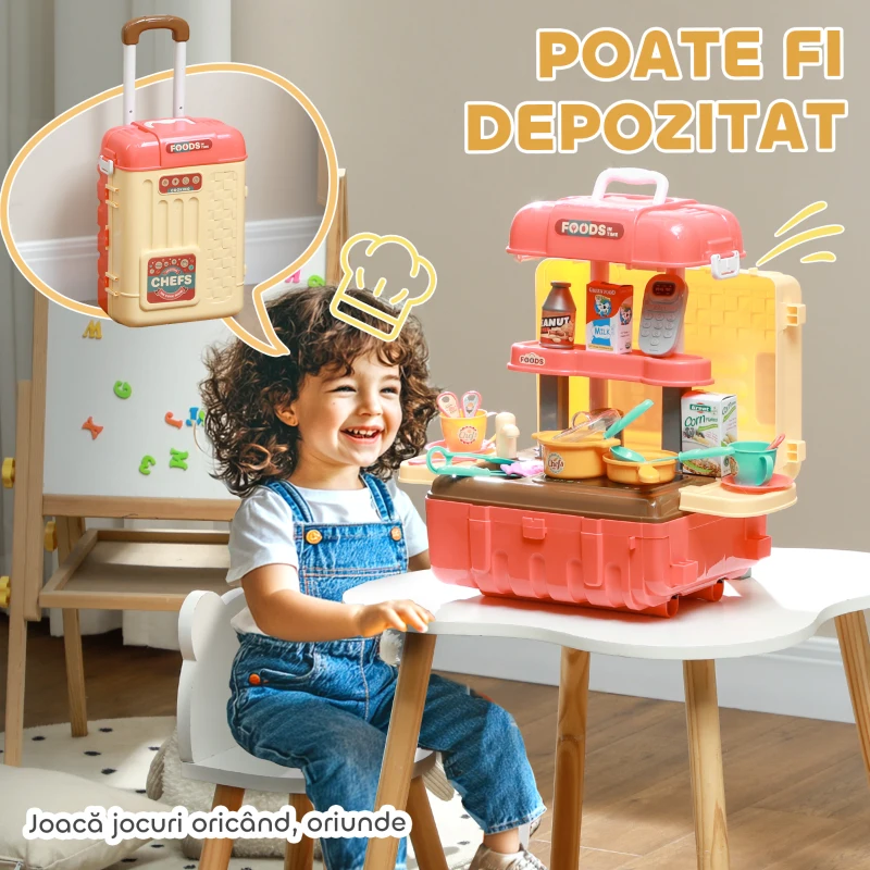 AIYAPLAY Joc pentru Copii 3 în 1 din 36 Piese cu Masă pentru Tacâmuri și Cărucior, 48x26x64 cm, Multicolor