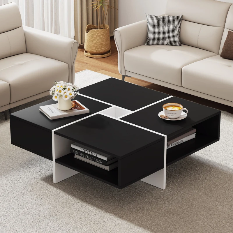 Table basse carrée moderne,  70×70×35 cm,  design noir et blanc,  5 compartiments ouverts,  compartiment central 10×10 cm, Blanc+Noir