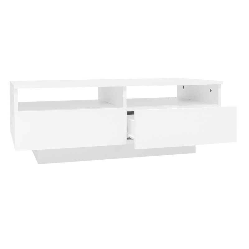 Tavolino da salotto LED lucido con 2 cassetti, con luci LED a 16 colori e USB, 95×50×35 cm, Bianco