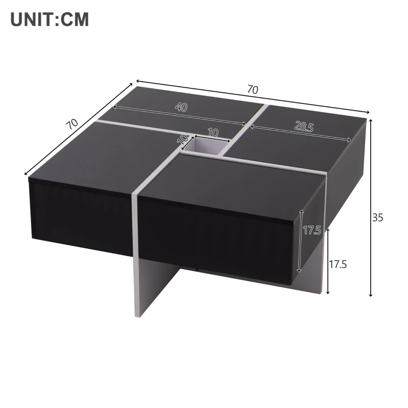 Table basse élégante en finition brillante avec compartiment de rangement intégré et 4 tiroirs,  70×70×35 cm, Noir Blanc