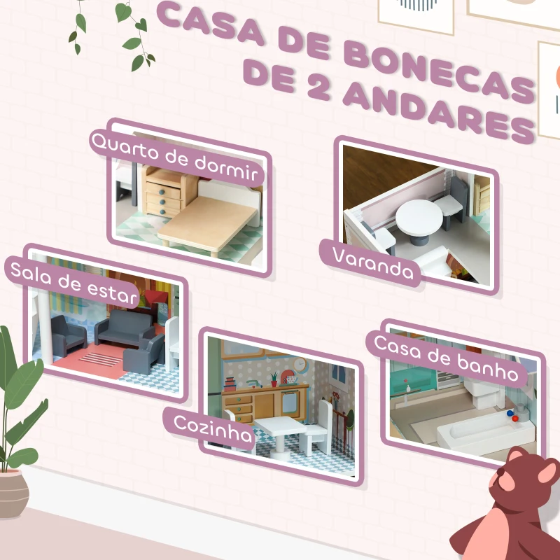 AIYAPLAY Casa de Bonecas com Móveis e Acessórios Casa de Bonecas de Madeira com Varanda e 2 Andares  60x26,6x60 cm Multicor