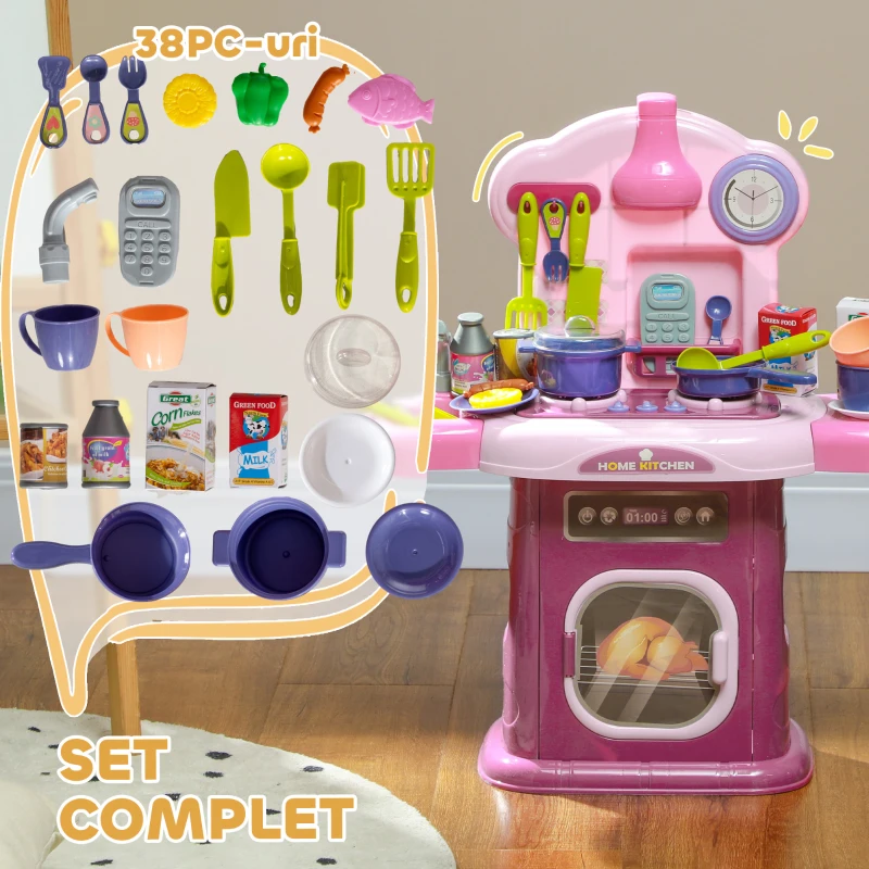 AIYAPLAY Bucătărie Jucărie pentru Copii 3-6 Ani cu 38 Accesorii, Sunete Realiste și Lumină la Cuptor, 51x21x60 cm, Roz