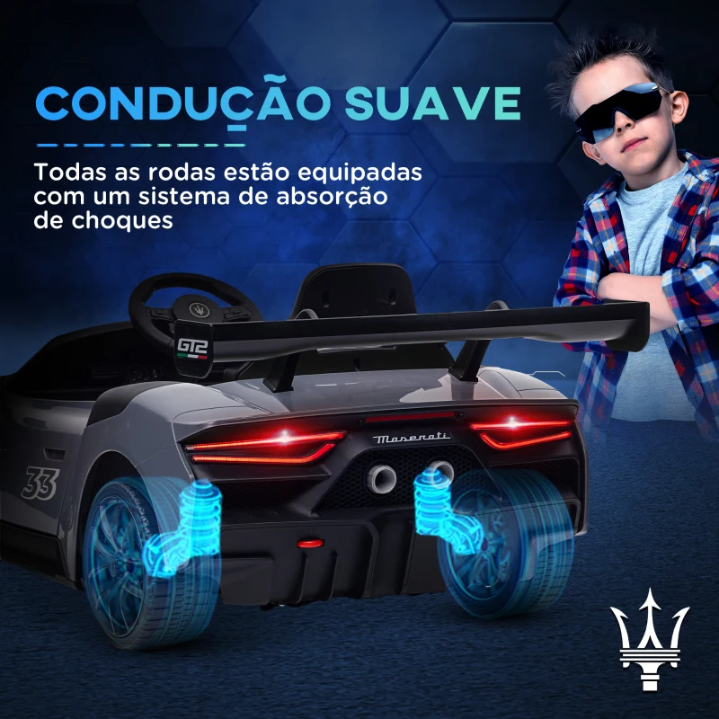 AIYAPLAY Carro Elétrico para Crianças Carro Maserati GT2 12V  com Controlo Remoto Faróis LED Buzina E Música  115x60x45 cm Cinza