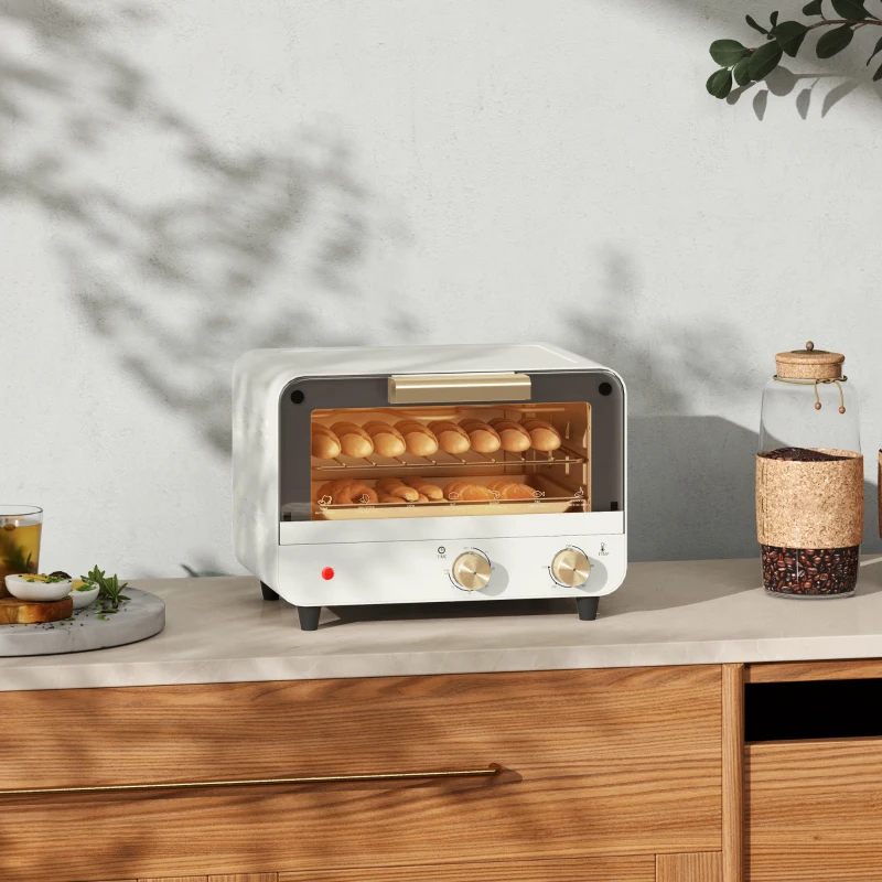 HOMCOM Forno Elétrico de Mesa Mini Forno de 12L 750W com Temporizador e Temperatura Ajustável até 230℃ 31,5x27,7x22,7 cm Branco
