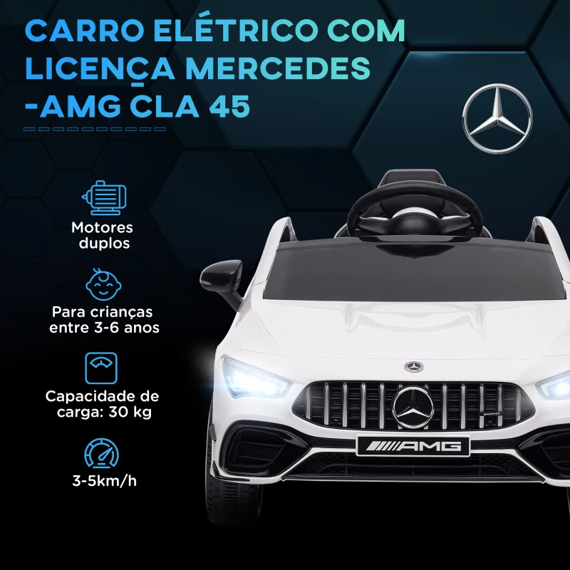 AIYAPLAY Carro Elétrico para Crianças Carro Mercedes AMG CLA 45 com Bateria 12V  Faróis LED Buzina e Música 110x61x45 cm Branco