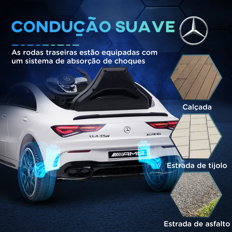 AIYAPLAY Carro Elétrico para Crianças Carro Mercedes AMG CLA 45 com Bateria 12V  Faróis LED Buzina e Música 110x61x45 cm Branco