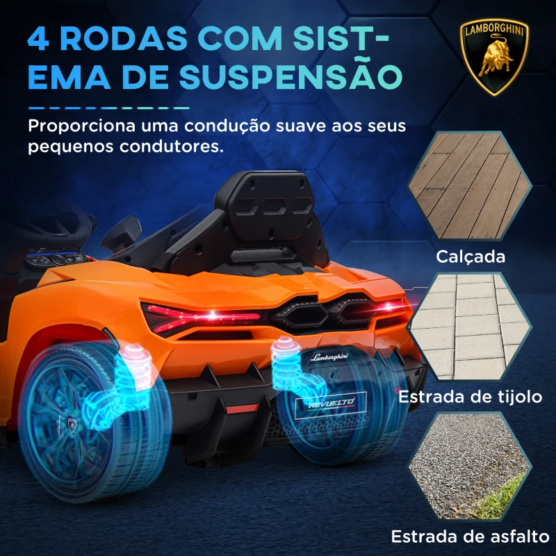 AIYAPLAY Carro Elétrico para Crianças Carro Lamborghini Revuelto com Bateria 12V  Faróis LED e Música 105x60x40 cm Laranja