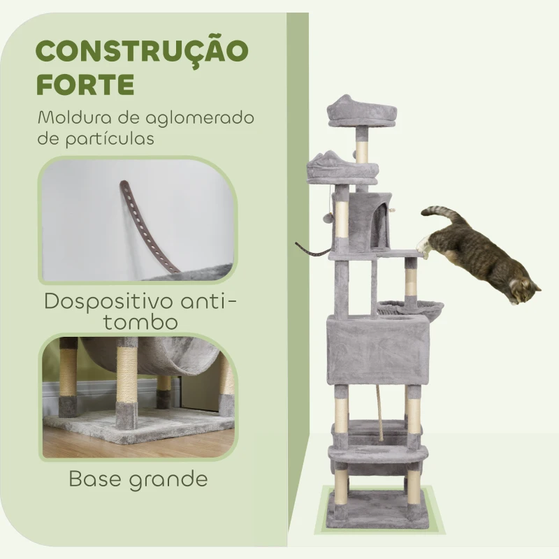 PawHut Arranhador para Gatos Grande Altura 173 cm Torre para Gatos com Plataformas Caverna Bolas Suspensa e Rede Cinza Claro