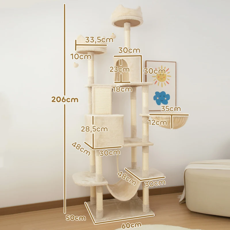 PawHut Arranhador para Gatos Grande Altura 173 cm Torre para Gatos com Plataformas Caverna Bolas Suspensa e Rede Bege
