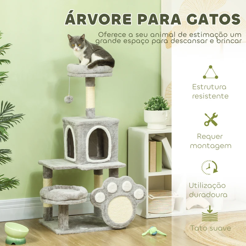 PawHut Arranhador para Gatos Torre para Gatos com Ninho Caverna Plataforma Arranhador Bola Suspensa 48x40x110 cm Cinza Claro