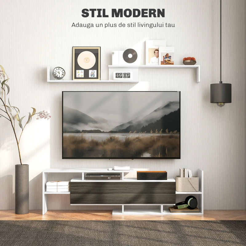 HOMCOM Mobilier TV cu Raft de Perete, Rafturi Deschise și Dulăpior din Lemn, Mobilier TV Modern, 153,6x25x42 cm, Alb