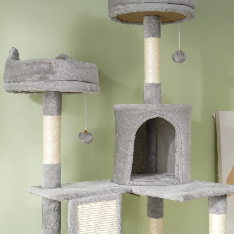PawHut Arranhador para Gatos Grande Altura 173 cm Torre para Gatos com Plataformas Caverna Bolas Suspensa e Rede Cinza Claro