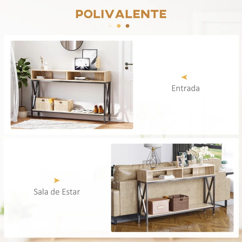 HOMCOM Mesa Consola Estilo Industrial Vintage com 3 Prateleiras e Estrutura Metálica 120x23,5x75cm Carvalho e Preto