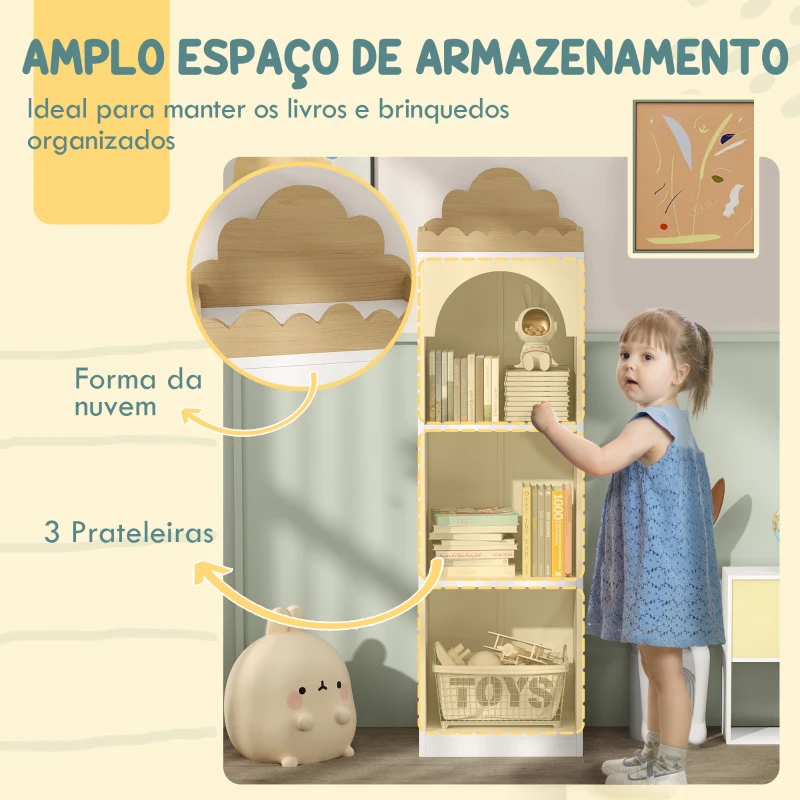 AIYAPLAY Estante para Livros Infantil de 3 Niveis Estante de Livros para Escola Infantil Dormitório 40x30x139,5 cm Branco e Madeira