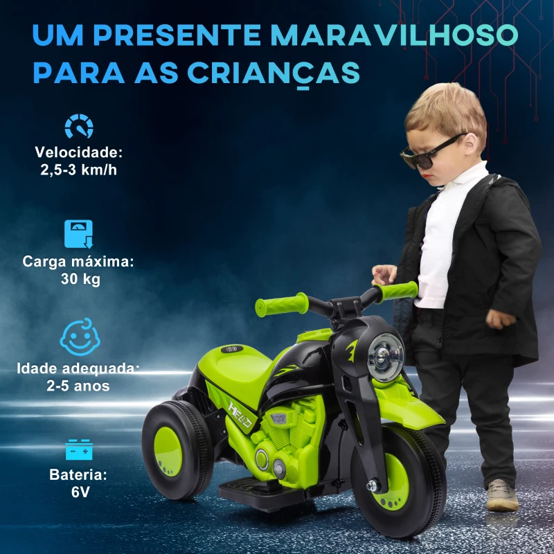 AIYAPLAY Mota Elétrica para Crianças Mota a Bateria 6V com Função de Bolhas Farol Música Motocicleta para Crianças com Velocidade 3km/h Carga 30 kg Verde