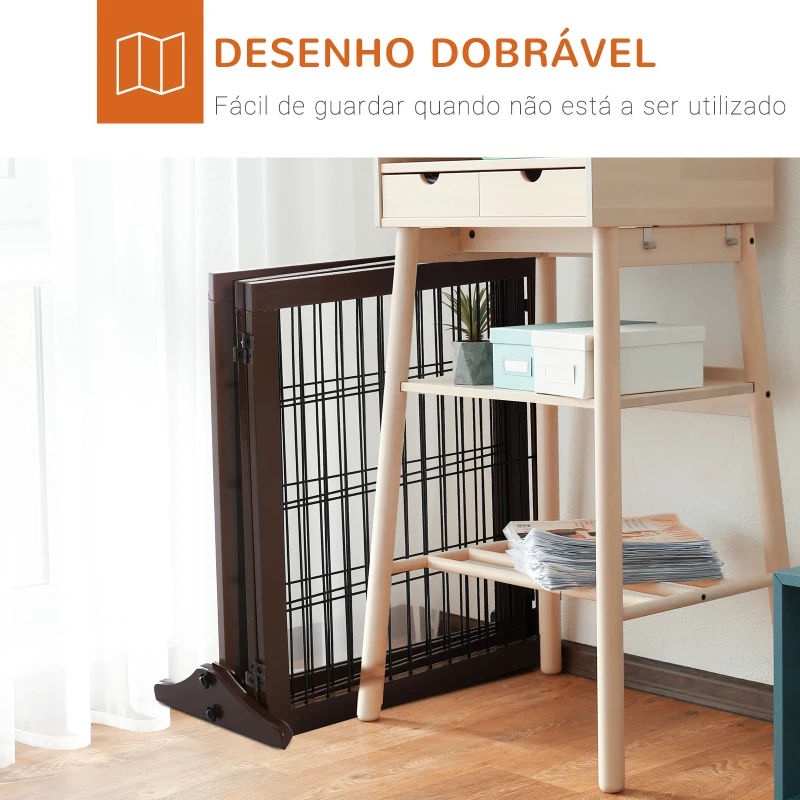 PawHut Barreira de Segurança para Cães de 3 Paineis com Estrutura de Madeira e Pés de Apoio 185x36x71 cm Marrom