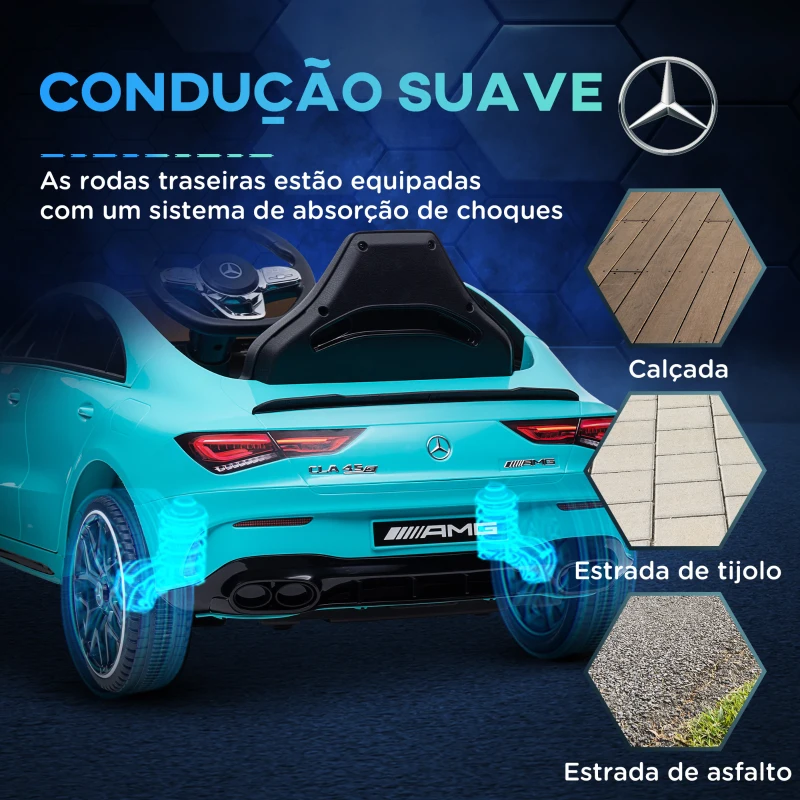 AIYAPLAY Carro Elétrico para Crianças Carro Mercedes AMG CLA 45 com Bateria 12V  Faróis LED Buzina e Música 110x61x45 cm Azul Turquesa