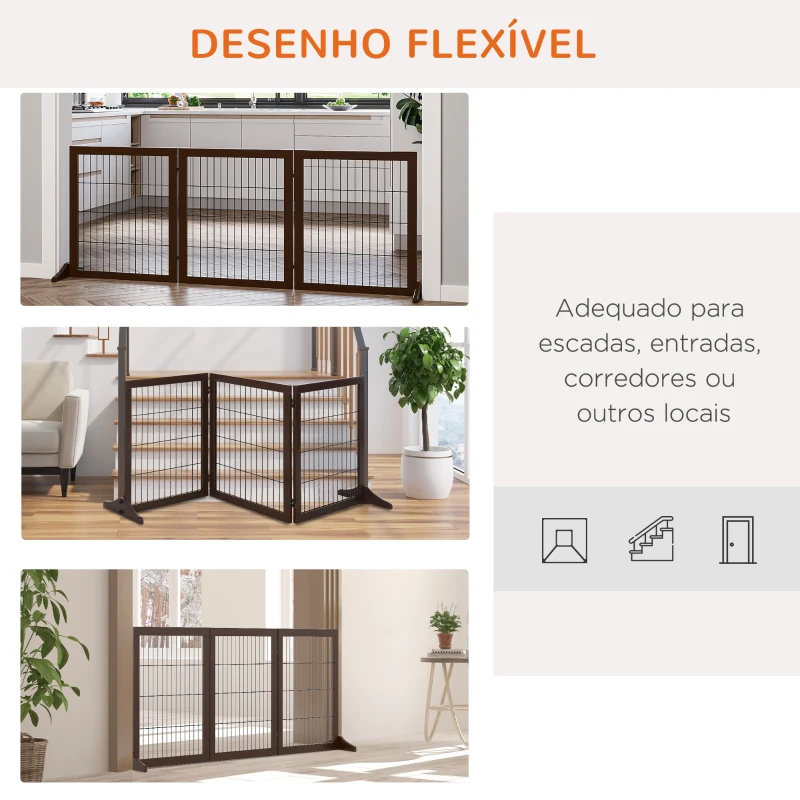 PawHut Barreira de Segurança para Cães de 3 Paineis com Estrutura de Madeira e Pés de Apoio 185x36x71 cm Marrom