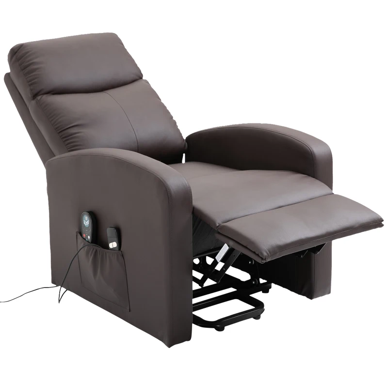 HOMCOM Massagestoel met opstaan hulp, relaxstoel, ligstoel, hoofdsteun, 8 vibratiepunten, 2 afstandsbedieningen, bruin