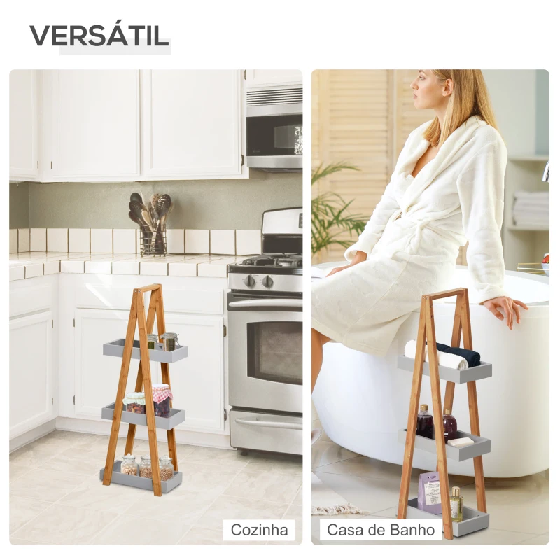 kleankin Estante de Bambú para Casa de Banho com 3 Prateleiras de Armazenamento Móvel Organizador 30x18x81 cm Madeira e Cinza