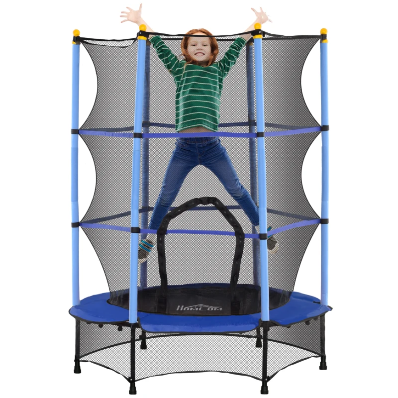 HOMCOM Kindertrampoline, Ø140 cm, met Veiligheidsnet, Binnen en Buiten, Staal, Kunststof, Tot 50 kg Belastbaar, Blauw