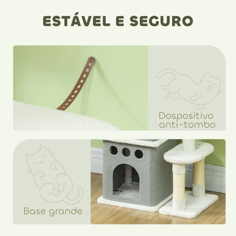 PawHut Arranhador para Gatos 126 cm com Caverna Plataformas Bolas Suspensas e Poste de Sisal 56x34x126 cm Cinza e Creme