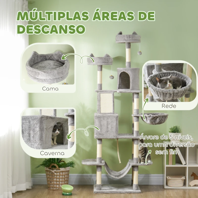 PawHut Arranhador para Gatos Grande Altura 173 cm Torre para Gatos com Plataformas Caverna Bolas Suspensa e Rede Cinza Claro