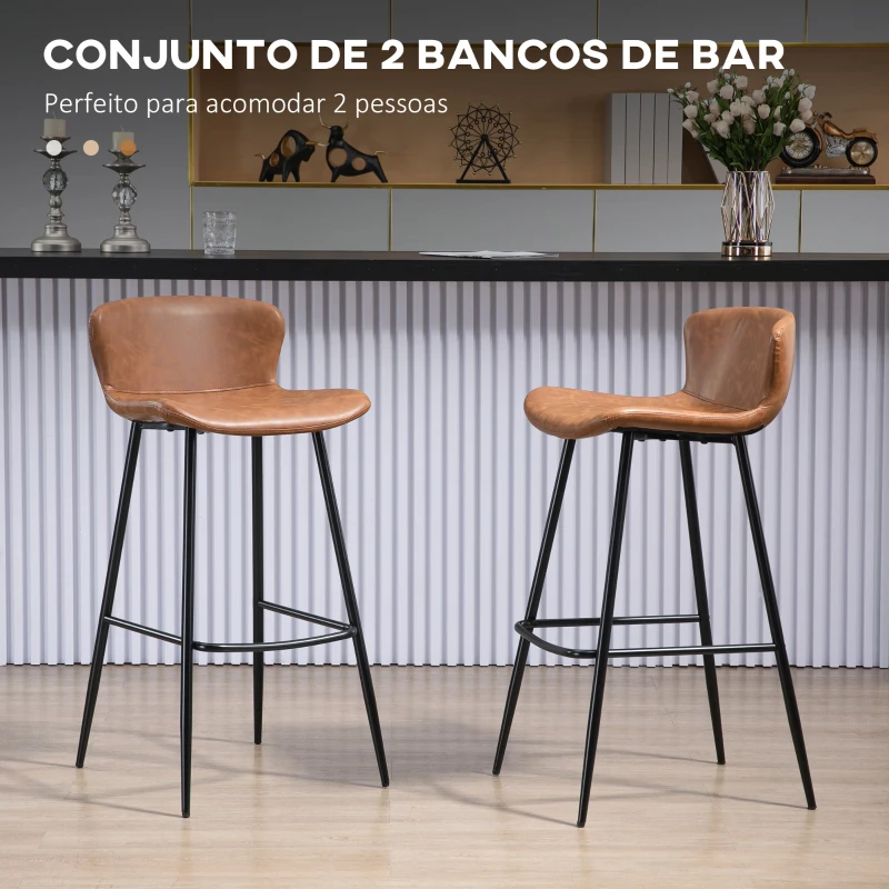 HOMCOM Conjunto de 2 Bancos Altos de Cozinha com Encosto Estofado em PU Carga 120 kg para Bar Sala de Jantar 45x49x94,6 cm Marrom