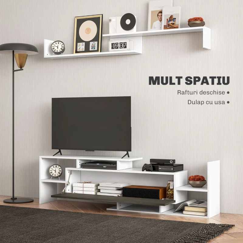 HOMCOM Mobilier TV cu Raft de Perete, Rafturi Deschise și Dulăpior din Lemn, Mobilier TV Modern, 153,6x25x42 cm, Alb