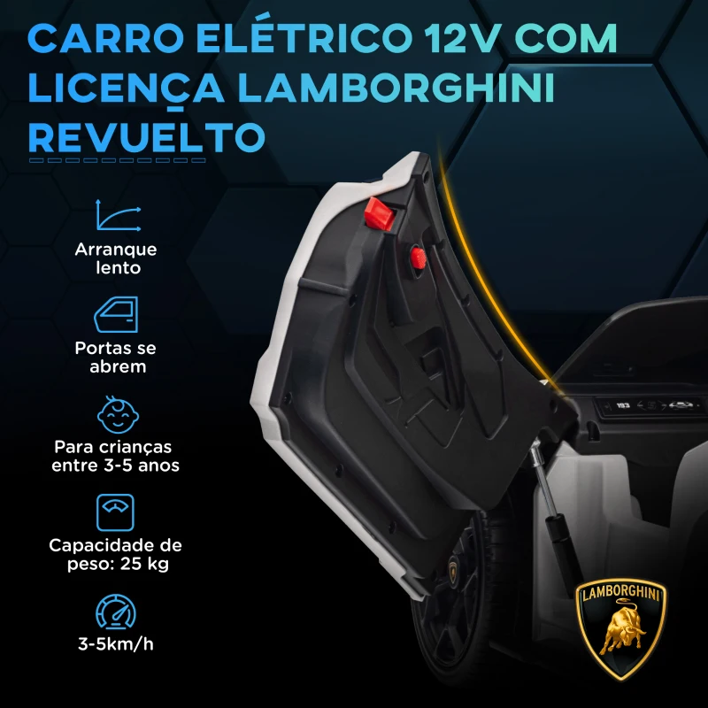 AIYAPLAY Carro Elétrico para Crianças Carro Lamborghini Revuelto com Bateria 12V  Faróis LED e Música 105x60x40 cm Branco