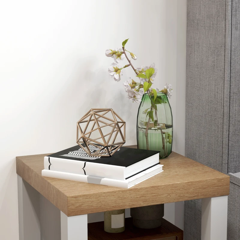 HOMCOM Mesa Auxiliar com Rodas Mesa Auxiliar com Prateleira Aberta para Sofá Dormitório 40x40x40 cm Branco e Madeira