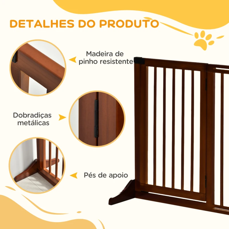 PawHut Barreira de Segurança Extensível 3 Peças com Estrutura de Madeira e Suporte de Pé 113-166x36x71 cm Marrom