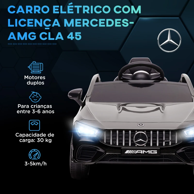 AIYAPLAY Carro Elétrico para Crianças Carro Mercedes AMG CLA 45 com Bateria 12V  Faróis LED Buzina e Música 110x61x45 cm Preto